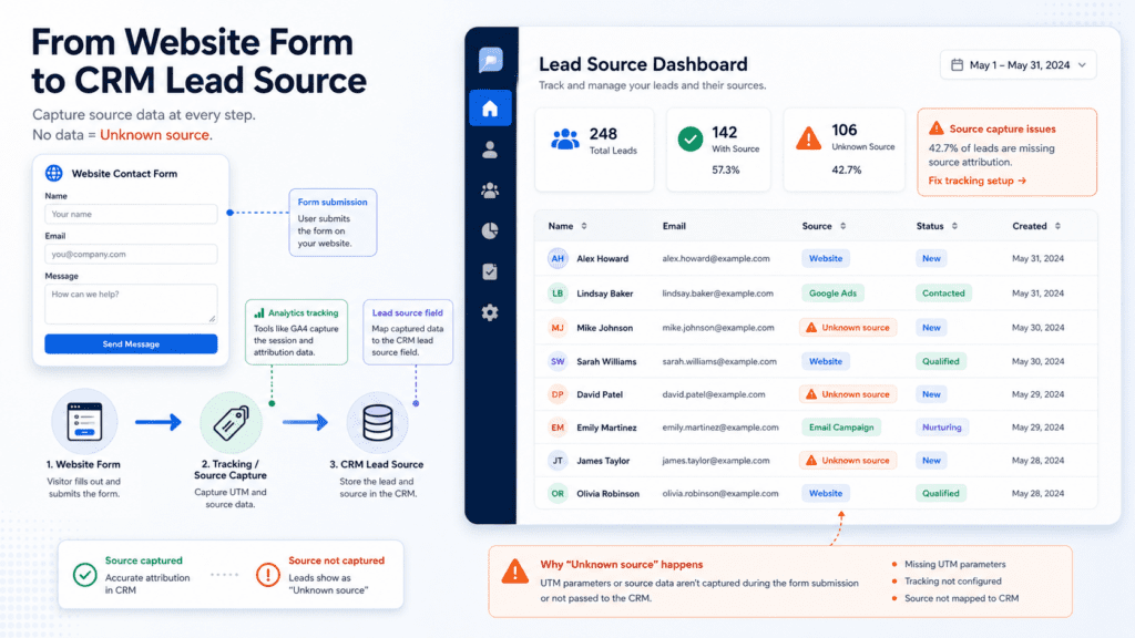 CRM lead records with missing source data from website forms and tracking.