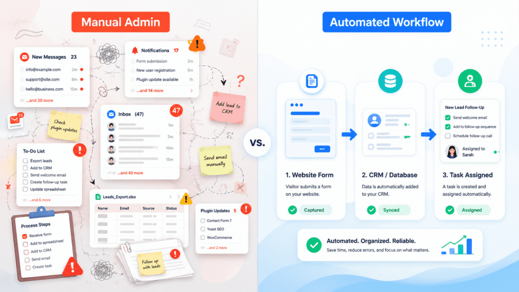 Manual admin tasks becoming an automation workflow from website form to CRM.