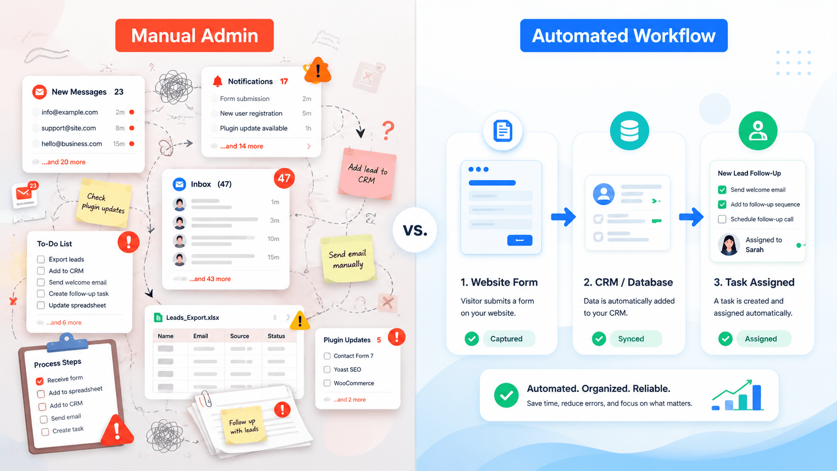 Manual admin tasks becoming an automation workflow from website form to CRM.