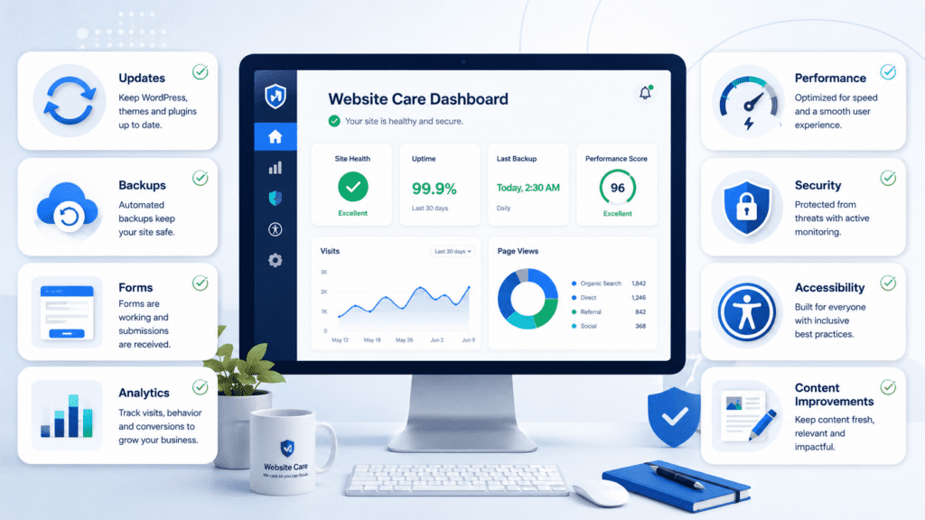 Website care dashboard showing maintenance areas beyond WordPress plugin updates.