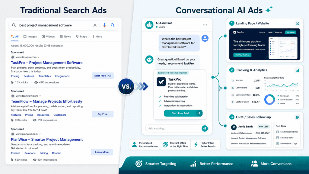 Business preparing for ChatGPT Ads with conversational search, landing pages, tracking, and CRM follow-up.