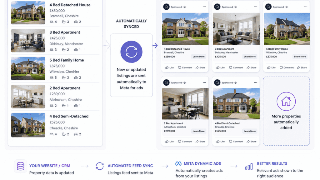 Property listings connected to dynamic real estate ads through an automated property feed.
